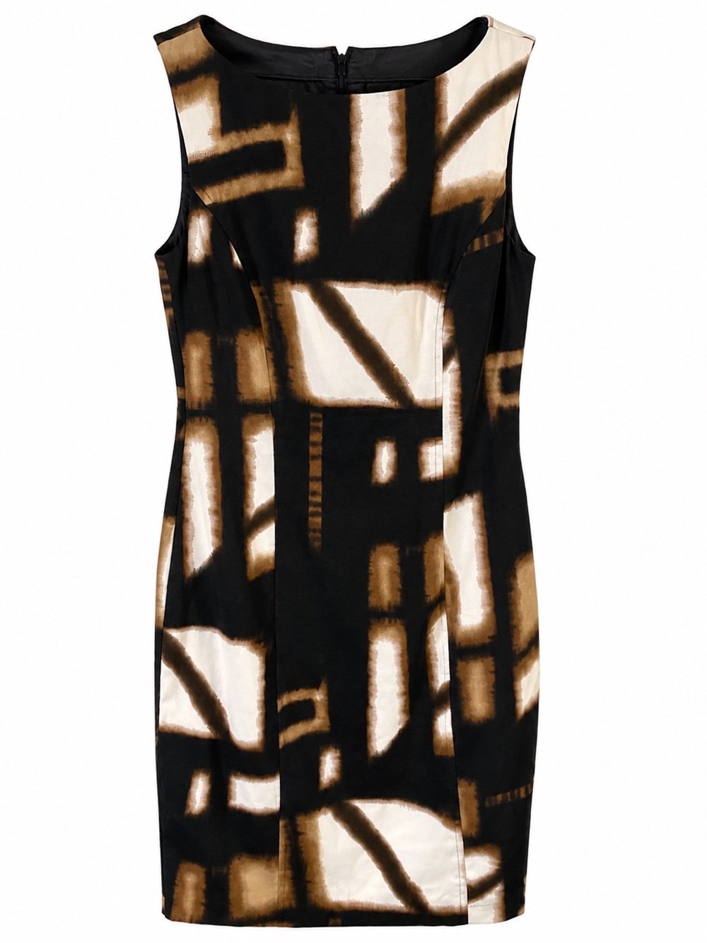 Cache Abstract Geo Sheath Dress in Black, Cream & Brown